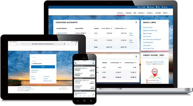 Desktop, tablet and mobile views of digital banking application