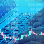 Person's hands on laptop with financial data and blue overlay